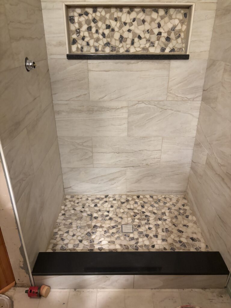 tile and river rock shower